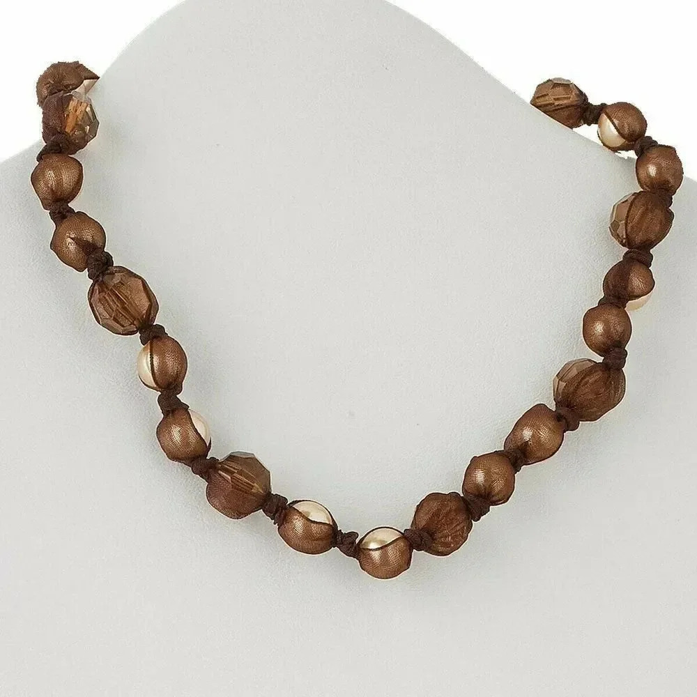 Handcrafted Knotted Faux Pearls and Topaz Beads Organza Ribbon Necklace